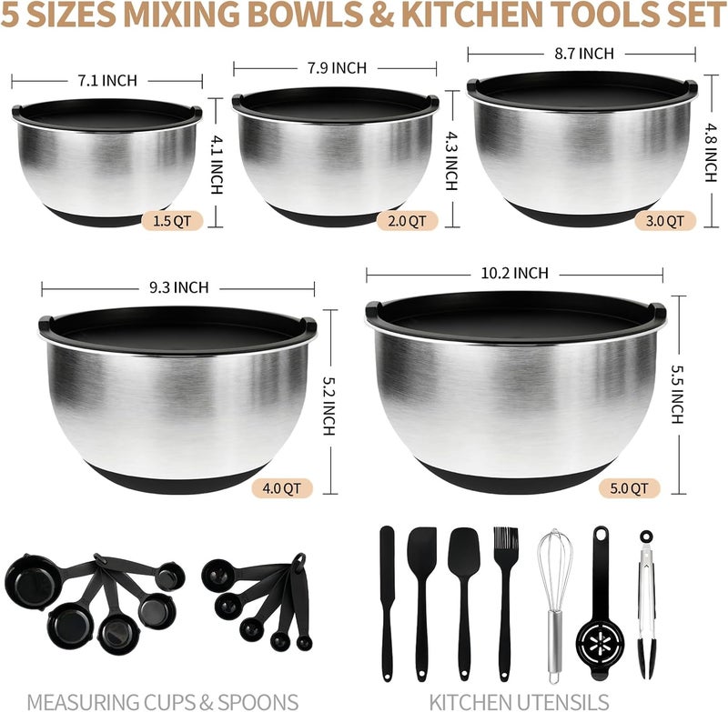 Deedro Premium Mixing Bowls with Airtight Lids Set, 22Pcs Thicker Stainless Steel Mixing Bowl Set, Large Prep Metal Bowls, Non-Slip Silicone Base Nesting Bowls for Kitchen, 1.5/2/3/4/5 QT, Black - Image 3